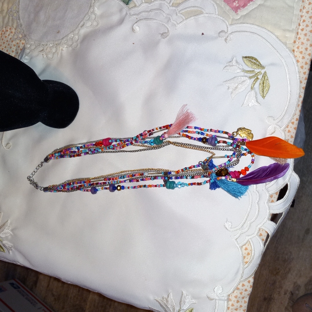 Boho hippie multi-layer seed bead feather tassel handmade necklace 20 in long